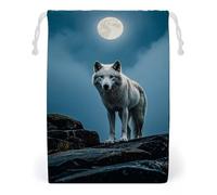 FHESDCW The White Wolf on The Rock Drawstring Bag Canvas, Reusable Travel Jewelry Pouches, Washable Storage Bags for Gift, Candy, Cosmetics 12 * 18cm