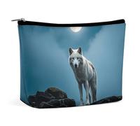 FHESDCW The White Wolf on The Rock Makeup Bag for Women PU Leather Waterproof Cosmetic Bag with Zipper Portable Travel Makeup Organizer