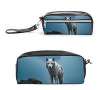FHESDCW The White Wolf on The Rock Pencil Case Large Capacity with Zipper, Hanging Water Proof Cosmetic Bag for Travel, Vintage Leather Pencil Pouch for Women Men