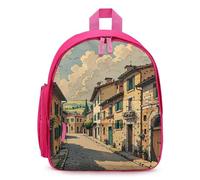 FHESDCW Traditional Brick Houses Backpack for Men Women, Durable Small Bookbag Lightweight Daypack for Travel, Hiking, Pink-style, One Size, Daypack Backpacks