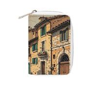 FHESDCW Traditional Brick Houses Card Holder for Men Women, Leather Credit Card Holder with 20 Card Slots Small Purse with Zipper