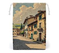 FHESDCW Traditional Brick Houses Drawstring Bag Canvas, Reusable Travel Jewelry Pouches, Washable Storage Bags for Gift, Candy, Cosmetics 12 * 18cm