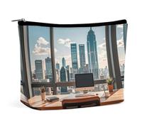 FHESDCW Urban Architecture Makeup Bag for Women PU Leather Waterproof Cosmetic Bag with Zipper Portable Travel Makeup Organizer