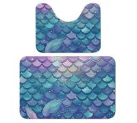 FHESDCW Water Lily Mermaid Scales Bathroom Rugs Set 2 Piece - Super Soft Coral Fleece Bath Rug & U-Shaped Toilet Mat Non-Slip Absorbent Floor Mat for Bathroom, Living Room, Bedroom 15.7"x23.6"