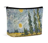FHESDCW Wheat Fields And Cypress Trees Makeup Bag for Women PU Leather Waterproof Cosmetic Bag with Zipper Portable Travel Makeup Organizer