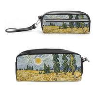FHESDCW Wheat Fields And Cypress Trees Pencil Case Large Capacity with Zipper, Hanging Water Proof Cosmetic Bag for Travel, Vintage Leather Pencil Pouch for Women Men