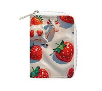 FHESDCW White Cow Strawberry Pattern Card Holder for Men Women, Leather Credit Card Holder with 20 Card Slots Small Purse with Zipper