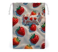 FHESDCW White Cow Strawberry Pattern Drawstring Bag Canvas, Reusable Travel Jewelry Pouches, Washable Storage Bags for Gift, Candy, Cosmetics 20 * 25cm
