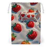 FHESDCW White Cow Strawberry Pattern Drawstring Bag Canvas, Reusable Travel Jewelry Pouches, Washable Storage Bags for Gift, Candy, Cosmetics 12 * 18cm