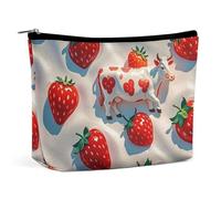 FHESDCW White Cow Strawberry Pattern Makeup Bag for Women PU Leather Waterproof Cosmetic Bag with Zipper Portable Travel Makeup Organizer