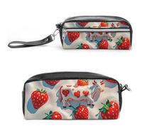 FHESDCW White Cow Strawberry Pattern Pencil Case Large Capacity with Zipper, Hanging Water Proof Cosmetic Bag for Travel, Vintage Leather Pencil Pouch for Women Men