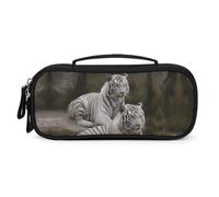 FHESDCW White Tigers Pencil Case with Zipper - Large Capacity, Portable Small Cosmetic Bag for Travel, Vintage PU Leather Pencil Pouch for Women Men