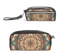 FHESDCW Wreath Mandala Flower Pencil Case Large Capacity with Zipper, Hanging Water Proof Cosmetic Bag for Travel, Vintage Leather Pencil Pouch for Women Men