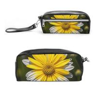 FHESDCW Yellow Gray Flower Pencil Case Large Capacity with Zipper, Hanging Water Proof Cosmetic Bag for Travel, Vintage Leather Pencil Pouch for Women Men