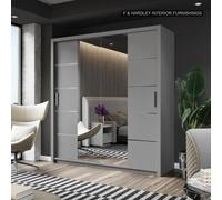 Fhif Dallas 180Cm Grey Sliding Door Wardrobe Modern Bedroom Storage With Full Length Mirror Shelves And Hanging Rails