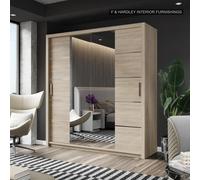 Fhif Dallas 180Cm Oak Sliding Door Wardrobe Modern Bedroom Storage With Full Length Mirror Shelves And Hanging Rails
