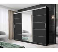 Fhif Dallas 250Cm Black Sliding Door Wardrobe Modern Bedroom Storage With Full Length Mirror Shelves And Hanging Rails
