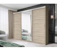 Fhif Dallas 250Cm Oak Sliding Door Wardrobe Modern Bedroom Storage With Full Length Mirror Shelves And Hanging Rails