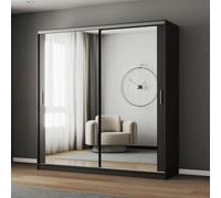 Fhif Dubai 100Cm Black Sliding Door Wardrobe Modern Bedroom Storage With Full Length Mirror Shelves And Hanging Rails