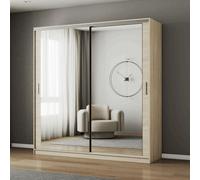 Fhif Dubai 120Cm Oak Sliding Door Wardrobe Modern Bedroom Storage With Full Length Mirror Shelves And Hanging Rails