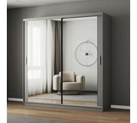 Fhif Dubai 203Cm Grey Sliding Door Wardrobe Modern Bedroom Storage With Full Length Mirror Shelves And Hanging Rails