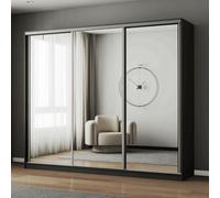Fhif Dubai 250Cm Black Sliding Door Wardrobe Modern Bedroom Storage With Full Length Mirror Shelves And Hanging Rails