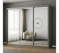 Fhif Dubai 250Cm Grey Sliding Door Wardrobe Modern Bedroom Storage With Full Length Mirror Shelves And Hanging Rails