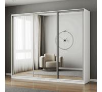 Fhif Dubai 250Cm White Sliding Door Wardrobe Modern Bedroom Storage With Full Length Mirror Shelves And Hanging Rails