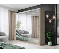 Fhif Dubai Tokyo 203Cm Oak Sliding Door Wardrobe Modern Bedroom Storage With Full Length Mirror Shelves And Hanging Rails