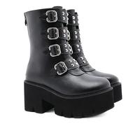 FhiHUEpr Lightweight Platform Motorcycle Boots for Petite Women - Chunky Heel Ankle Boots with Non-Slip Sole, for Festival Concert,Black,6.5 UK