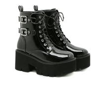 FhiHUEpr Retro Punk Chelsea Boots for Petite Women - Chunky Heel Lace-up Combat Boots with Non-Slip Sole, for Festival Concerts,Black,8 UK