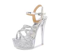 FhiHUEpr Women's Clear Platform Sandals with 14cm Stiletto Heels - Summer High Heels for Vacation, Wedding, Party, Nightclub,Silver,7 UK