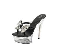 FhiHUEpr Women's Crystal Bow Transparent Slip-On Stiletto Heel Sandals - 15cm High Heels for Wedding Party Vacation Evening Events,Black,8 UK