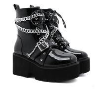 FhiHUEpr Women's Patent Leather Gothic Punk Rock Block Heel Platform Combat Boots - Ankle Boots for Concerts, Riding, Travel Dates,Black,5 UK