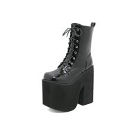FhiHUEpr Women's Patent Leather Lace-Up Ultra High Platform Party Booties, Fashion Boots for Stage Performance, Cosplay, Nightclub,Black,5 UK