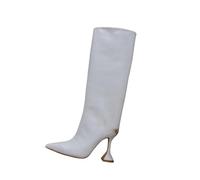 FhiHUEpr Women's Pointed Toe Kitten Heel Knee High Boots with Side Zipper, Mid Calf Boots for Party, Date Nights, Nightclub,White,7 UK