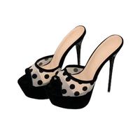 FhiHUEpr Women's Polka Dot Mesh Peep Toe Slide Stilettos Black