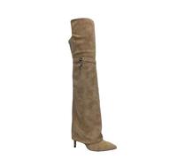 FhiHUEpr Women's Pull-On Knee-High Boots - 9CM/3.5IN Stiletto Heel Mid-Calf Boots for Wedding, Office, Nightclub, Dates, Parties,Beige,2 UK