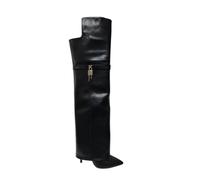 FhiHUEpr Women's Pull-On Knee-High Boots - 9CM/3.5IN Stiletto Heel Mid-Calf Boots for Wedding, Office, Nightclub, Dates, Parties,Black,2 UK