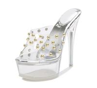 FhiHUEpr Women's Round-Toe Non-Slip Platform Sandals - 14cm Transparent High Heels for Vacation, Nightclub, Wedding Party,Silver,7 UK