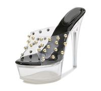 FhiHUEpr Women's Round-Toe Non-Slip Platform Sandals - 14cm Transparent High Heels for Vacation, Nightclub, Wedding Party,Black,8 UK