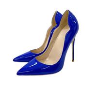 FhiHUEpr Women's Royal Blue Glossy Leather Pumps with 12CM Stiletto Heels - Comfort High Heels for Prom, Wedding, Party, Evening Event,Blue,6 UK