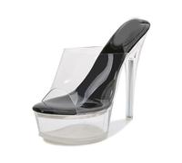 FhiHUEpr Women's Transparent Platform Sandals - Round-Toe Non-Slip 14cm High Heels for Vacation, Nightclub, Wedding Party,Black,8 UK
