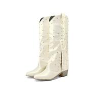 FhiHUEpr Women's Wide Shaft Pull On Knee High Boots Boots - Comfort Non-Slip Mid-Calf Boots for Concerts, Wedding, Travel, Work,White,8 UK