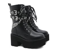 FhiHUEpr Women's Y2K Style Platform Motorcycle Boots with Metal Chain - Non-Slip Comfort Ankle Boots Perfect for Riding, Travel Dates,Black,6.5 UK