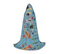 FHIZOAL Colorful Map With Icons Halloween Hooded Cape For Teenagers Witch Vampires Grim Reaper Costume Themed Parties Comic Con