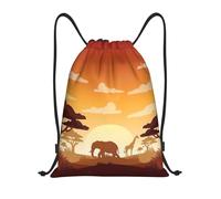 FHIZOAL Elephant And Giraffe In The Sunset Drawstring Bags Waterproof Sports String Backpacks Lightweight Yoga Training Swimming Travel