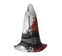 FHIZOAL Grey Paris Eiffel Tower Cityscape Red Flower Halloween Hooded Cape For Teenagers Witch Vampires Grim Reaper Costume Themed Parties Comic Con