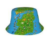 FHIZOAL Irish Map with Cartoon Charac Bucket Hat Summer Sun Cap Wide Brim Fashion Foldable Outdoor Hiking Fishing Beach Travel Black