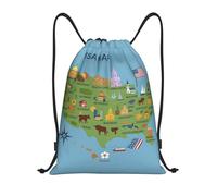 FHIZOAL Usa Map With Icons Printed Drawstring Bags Waterproof Sports String Backpacks Lightweight Yoga Training Swimming Travel